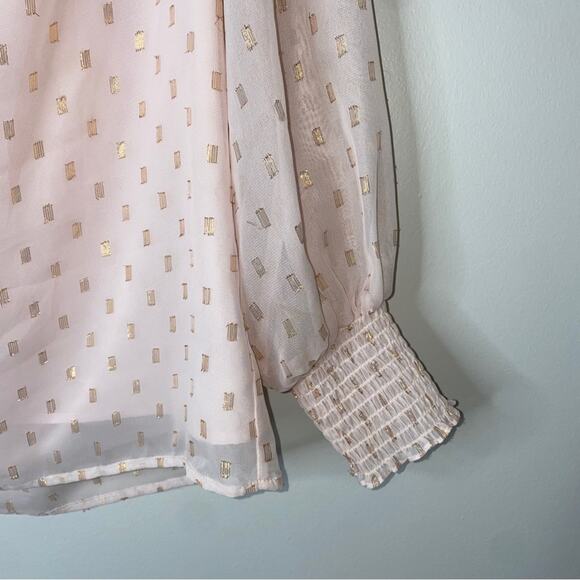 Nordstrom WAYF Pink Off-the-shoulder pink gold bow puff sleeve chiffon top Large - Picture 8 of 15